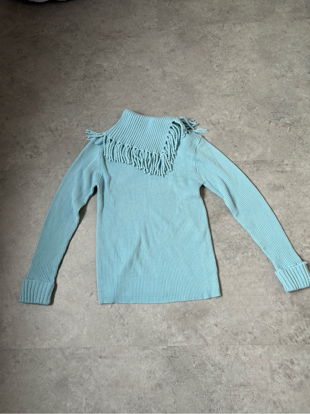 Fringed Cowl Neck Ribbed Sweater in Light Blue